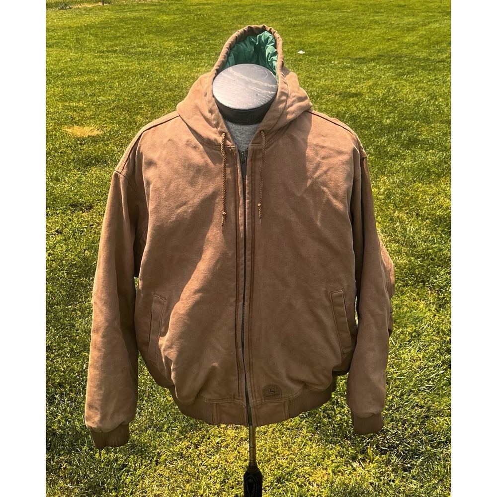 Vintage John Deere Canvas Jacket Men's Size XL Full‎ Zip Hooded Quilted Y2K